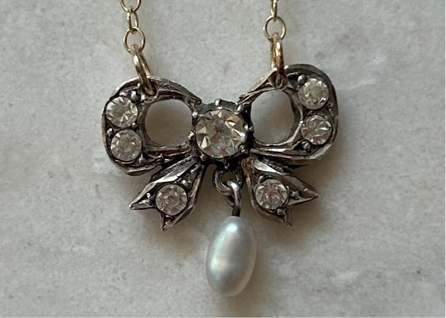 Victorian pearl bow lace pin conversion necklace