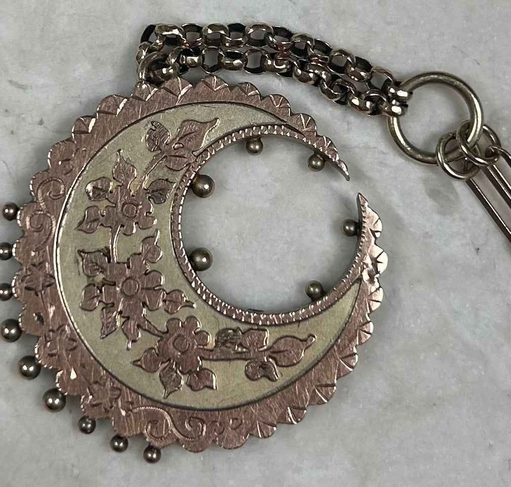 Gold Victorian Floral Crescent Moon Necklace