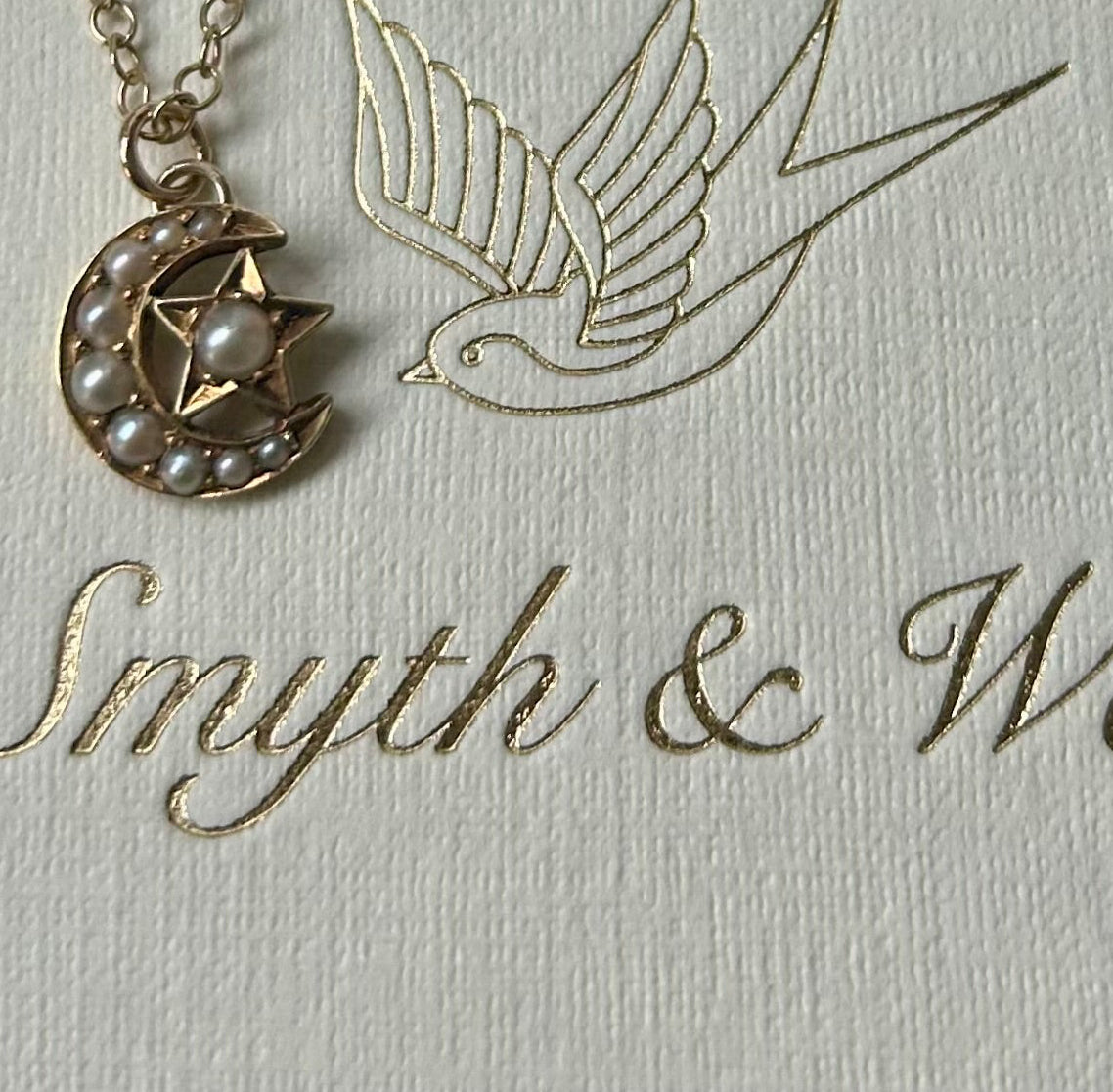 Antique Seed Pearl Crescent Star Necklace