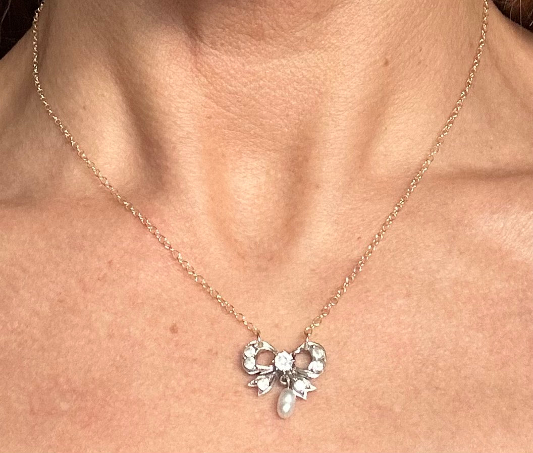 Victorian pearl bow lace pin conversion necklace