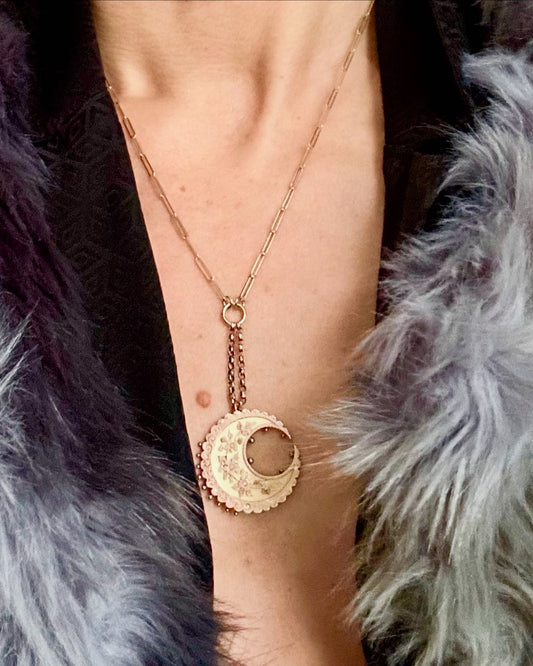 Gold Victorian Floral Crescent Moon Necklace