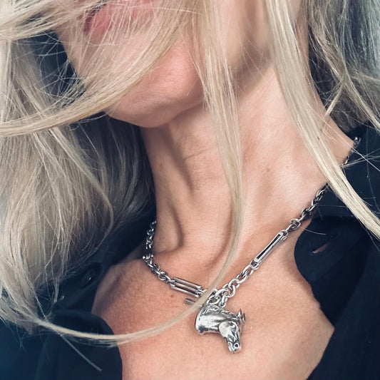 Unisex Antique Agate horse and fancy link silver Necklace