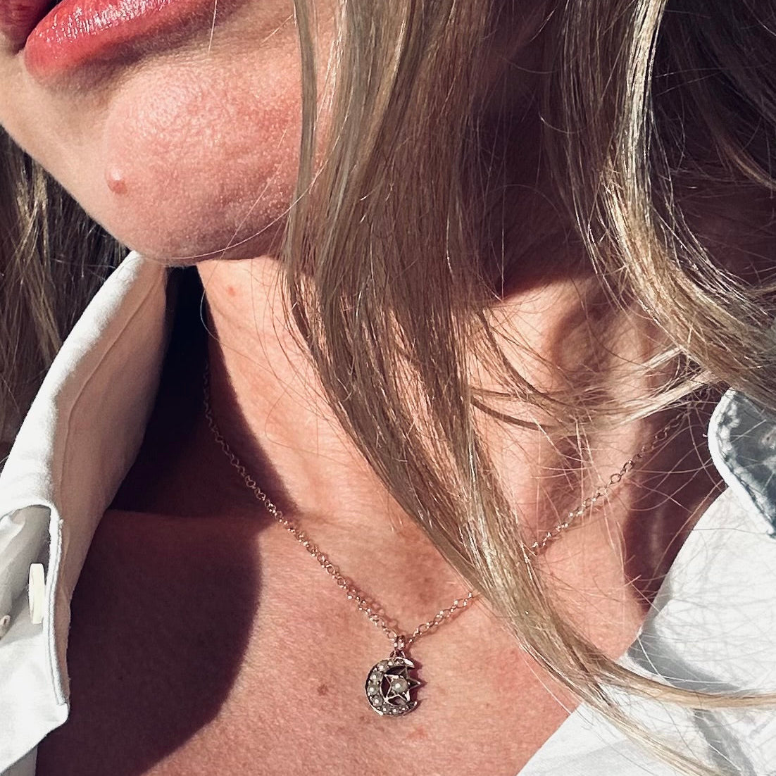 Antique Seed Pearl Crescent Star Necklace