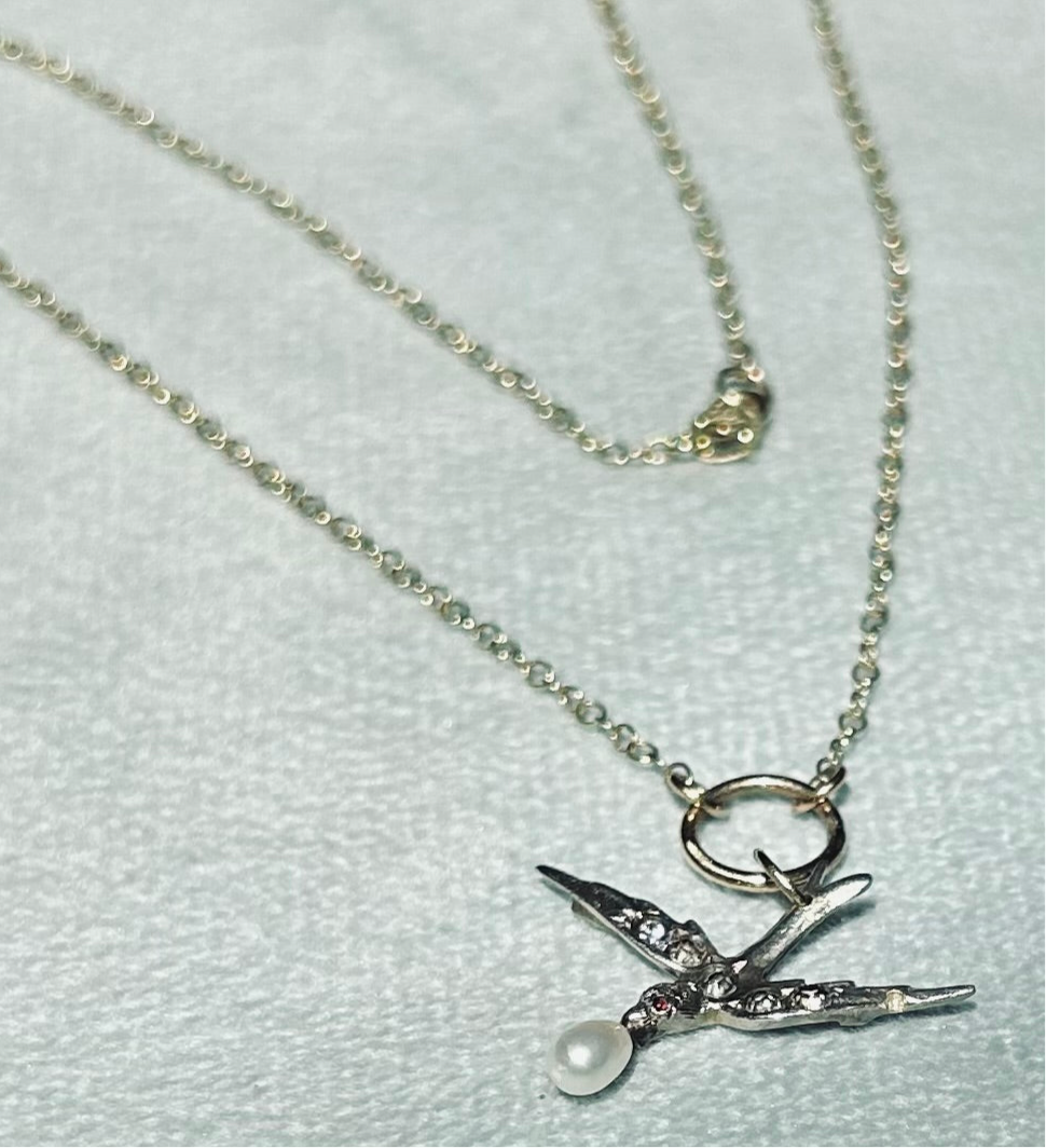 Victorian fine silver Swallow with paste stones and freshwater pearl necklace