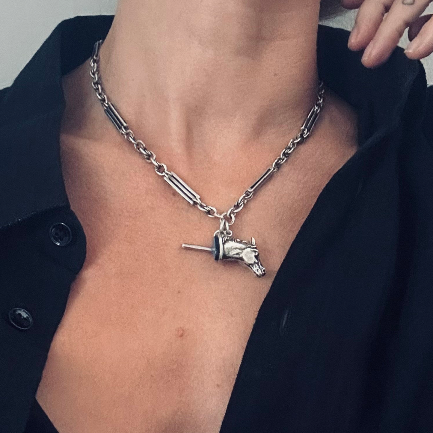 Unisex Agate horse and fancy link silver Necklace
