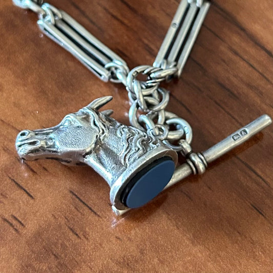 Unisex Agate horse and fancy link silver Necklace