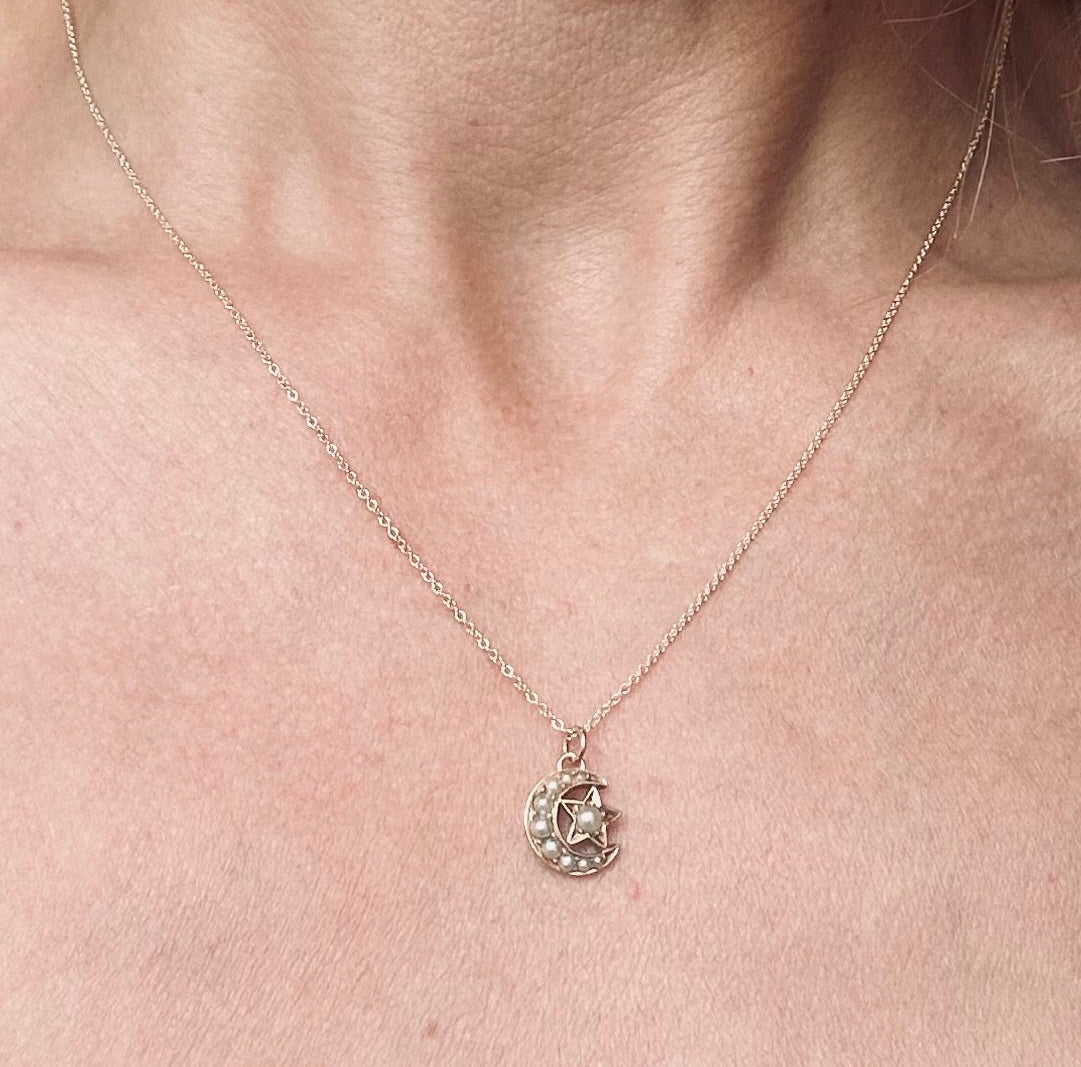 Antique Seed Pearl Crescent Star Necklace