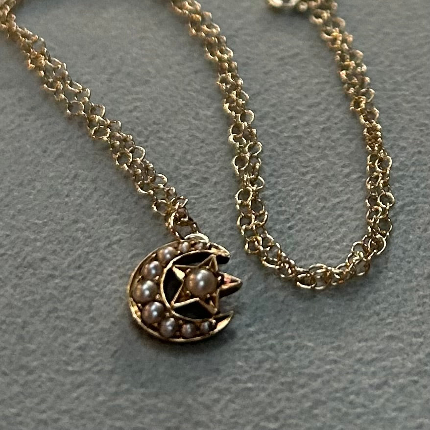 Antique Seed Pearl Crescent Star Necklace