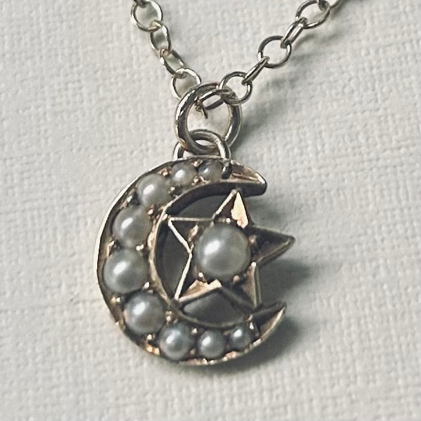 Antique Seed Pearl Crescent Star Necklace