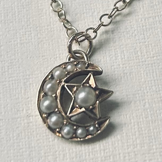 Antique Seed Pearl Crescent Star Necklace