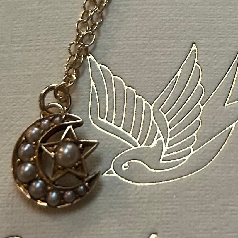Antique Seed Pearl Crescent Star Necklace