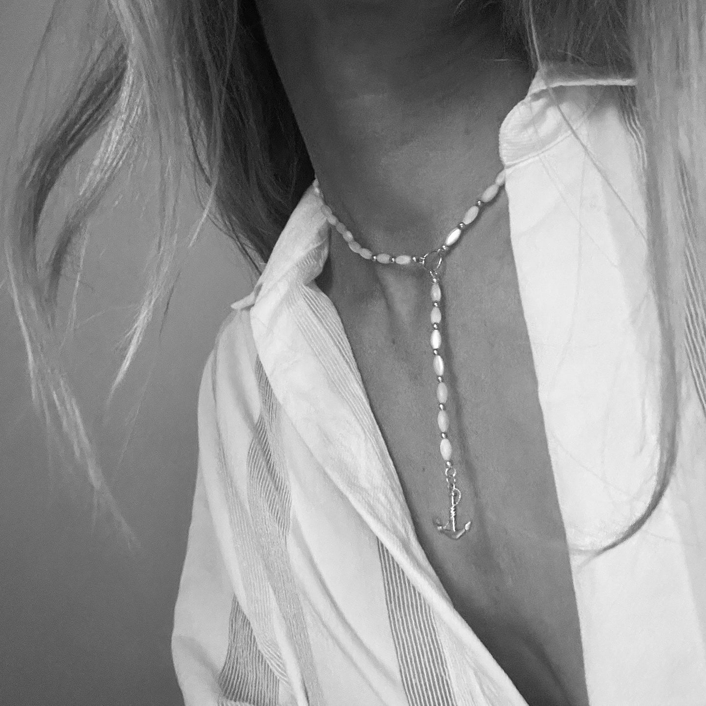 Mother of Pearl & Anchor Lariat Neclace
