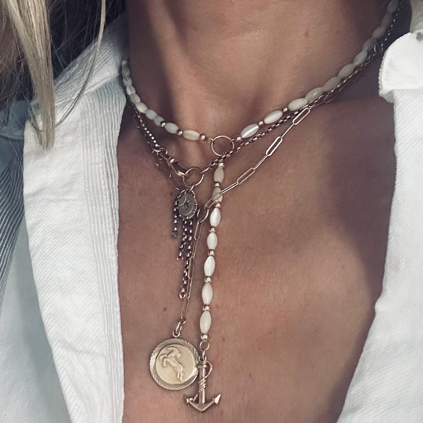 Mother of Pearl & Anchor Lariat Neclace