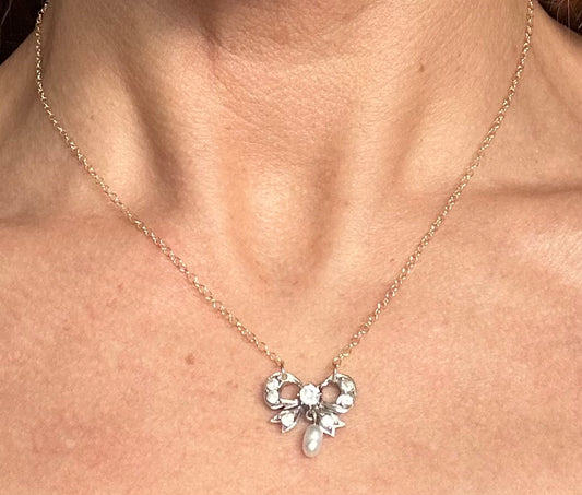Victorian pearl bow lace pin conversion necklace