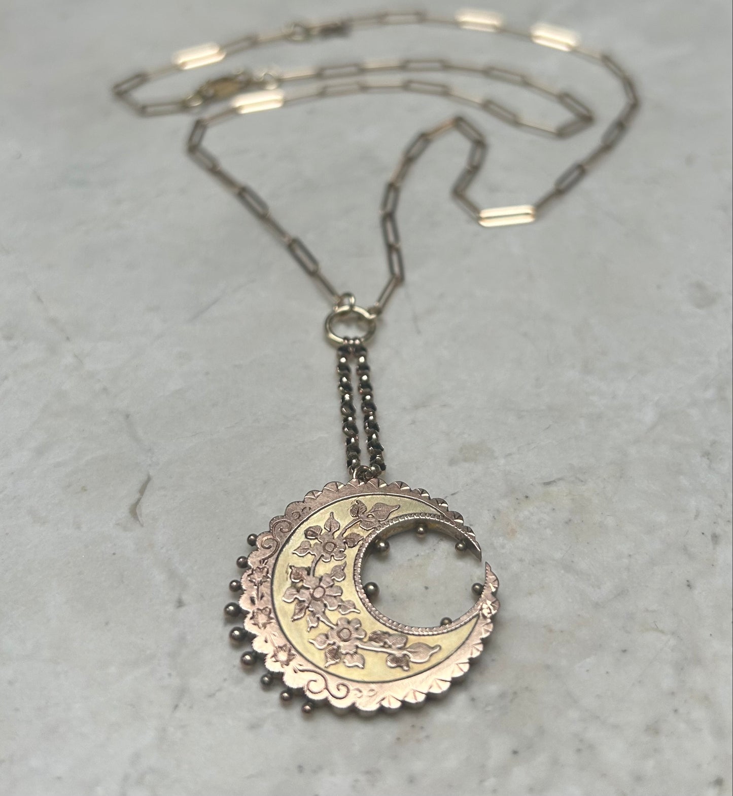 Gold Victorian Floral Crescent Moon Necklace